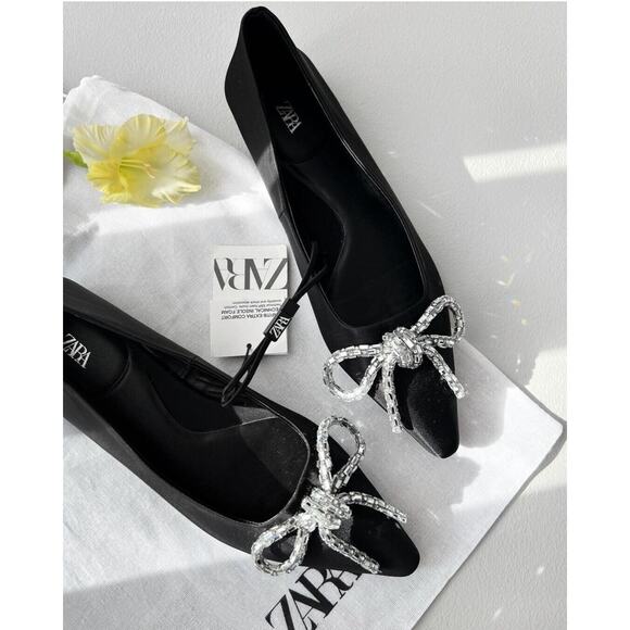 ZARA Black Embellished Bow Flats NWT Size 7.5 - Picture 4 of 16